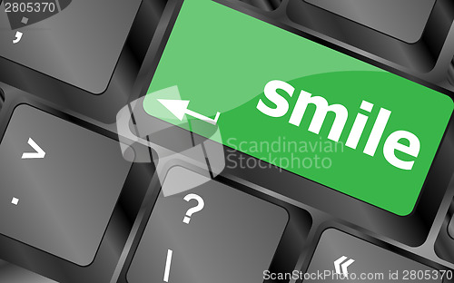 Image of Computer keyboard with smile words on key - business concept