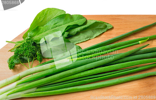 Image of Green onions, parsley and sorrel on a white background