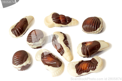 Image of Chocolates of a various form on a white background.