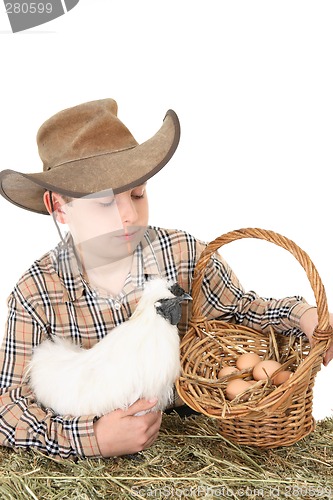 Image of Farm boy with basket of eggs