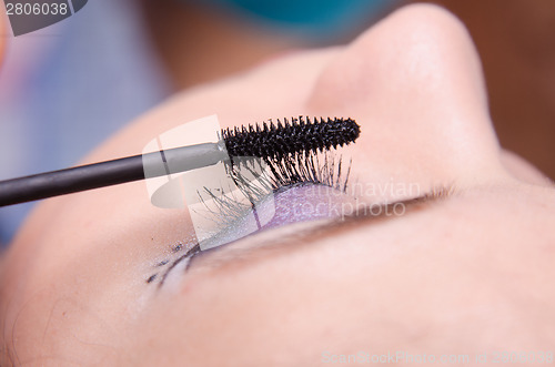 Image of Makeup artist paints eyelashes girl