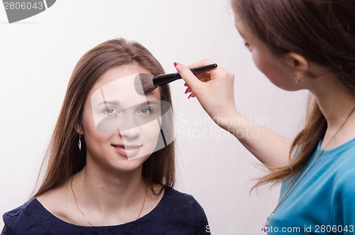 Image of Makeup artist gets fluffy powder brush on forehead model