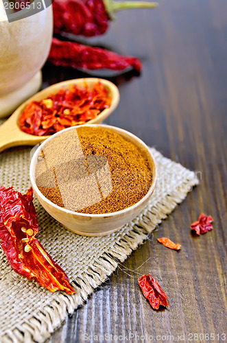 Image of Pepper red in wooden bowl with burlap on board