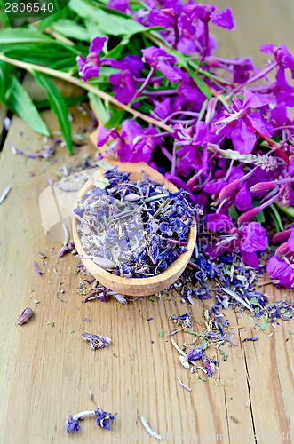 Image of Herbal tea from fireweed on wooden spoon