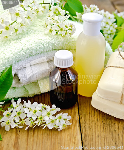 Image of Oil with lotion and bird cherry on board