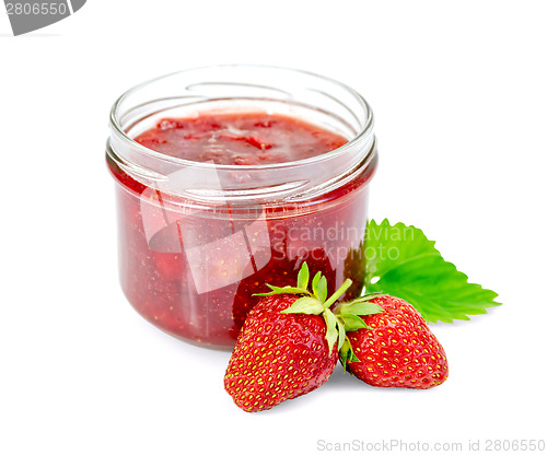 Image of Jam of strawberry with berries and leaf