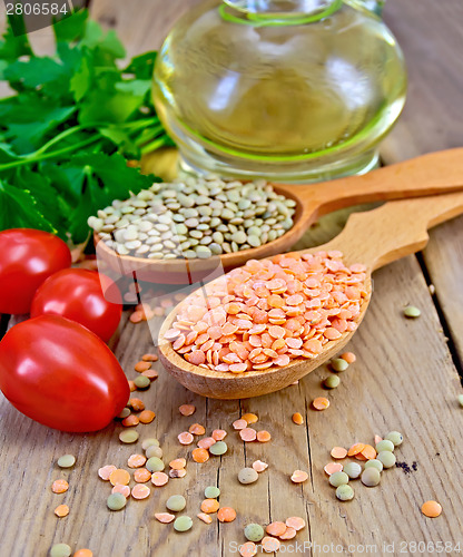 Image of Lentils red and green with oil on board