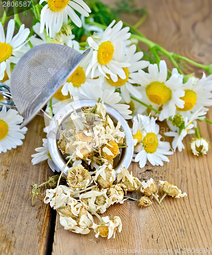 Image of Herbal tea from chamomile dry in strainer on board