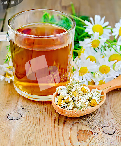 Image of Herbal chamomile tea in spoon with mug on board