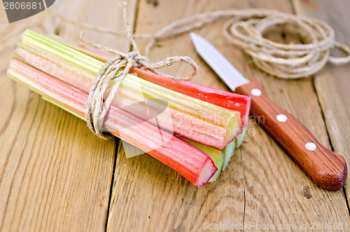 Image of Rhubarb with coil of rope and knife on board