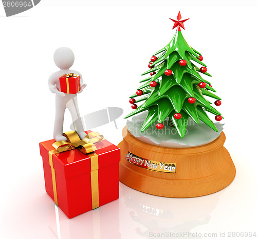 Image of 3D human, gift and Christmas tree 