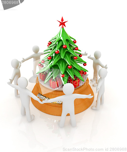 Image of 3D human around gift and Christmas tree