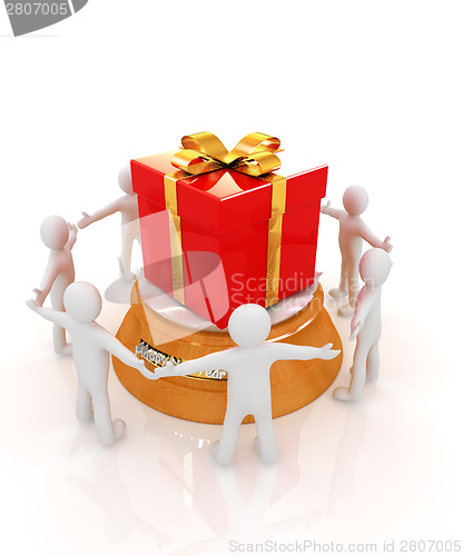 Image of 3d man around red gift with gold ribbon