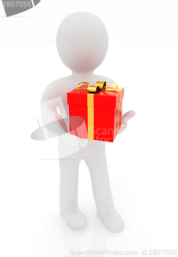 Image of 3d man gives red gift with gold ribbon