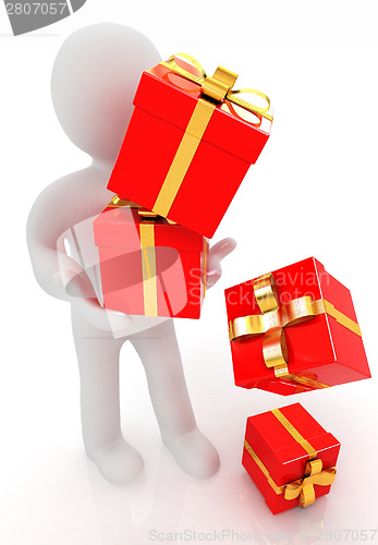 Image of 3d man strawed red gifts with gold ribbon