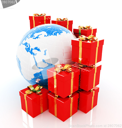 Image of Traditional Christmas gifts and earth on a white background. Glo