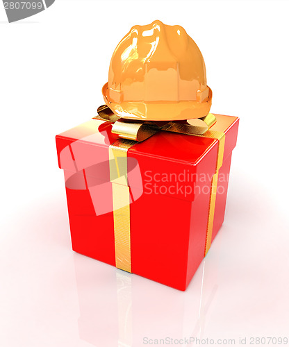 Image of hard hat on a red gift