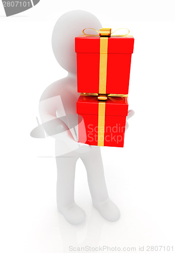 Image of 3d man gives red gifts with gold ribbon