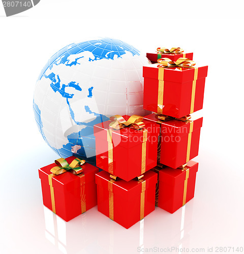 Image of Traditional Christmas gifts and earth on a white background. Glo