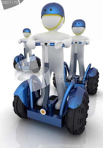 Image of 3d white persons riding on a personal and ecological transports