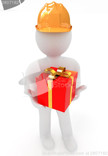 Image of 3d man in hard hat with gift