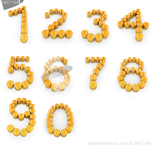 Image of Set of the numbers 1,2,3,4,5,6,7,8,9,0 of gold coins with dollar