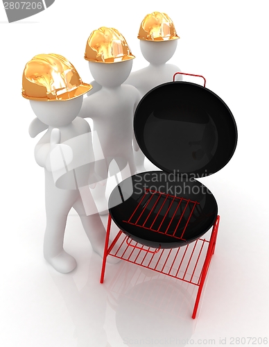 Image of 3d mans in a hard hat with thumb up and barbecue grill