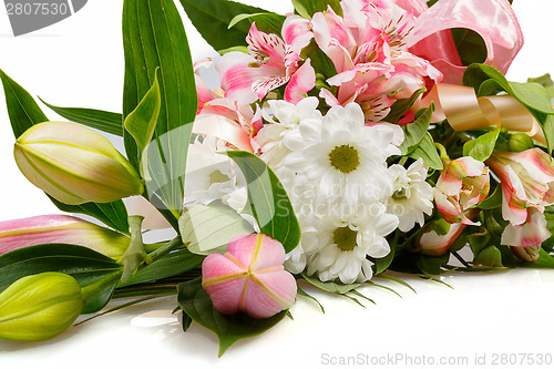 Image of bouquet of pink lily flower on white