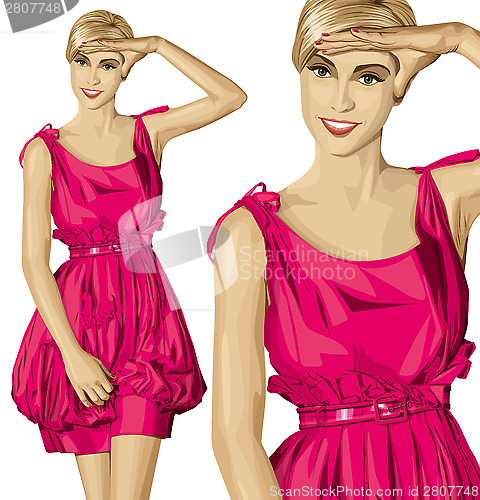 Image of Vector Surprised Blonde in Pink Dress