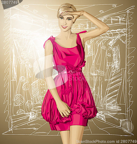 Image of Vector Surprised Blonde in Pink Dress