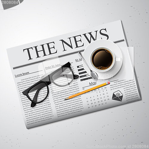 Image of Cup of coffee, newspaper and glasses