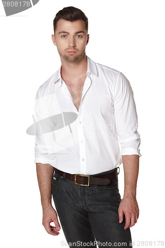 Image of Male in white shirt posing over white background