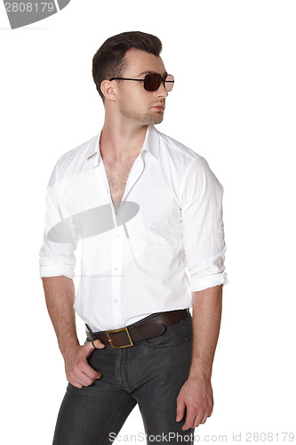 Image of Young fashion male in white shirt and sunglasses