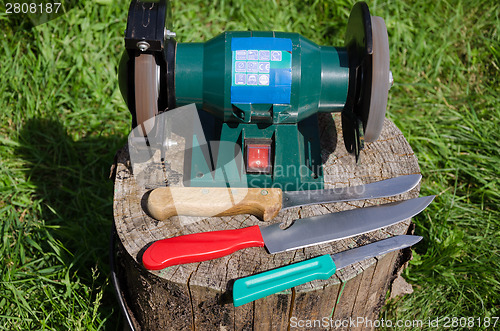 Image of electric sharpening device knives on stump outdoor 