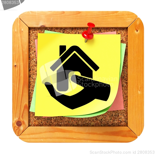 Image of Home in Hand Icon. Sticker on Message Board.