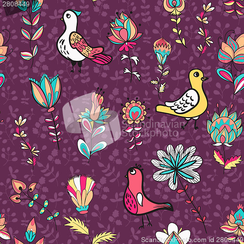 Image of Seamless floral pattern with birds and flowers
