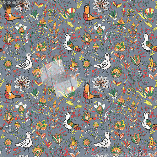 Image of Seamless floral pattern with birds and flowers