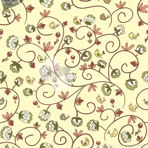 Image of flowers and birds. Endless floral pattern