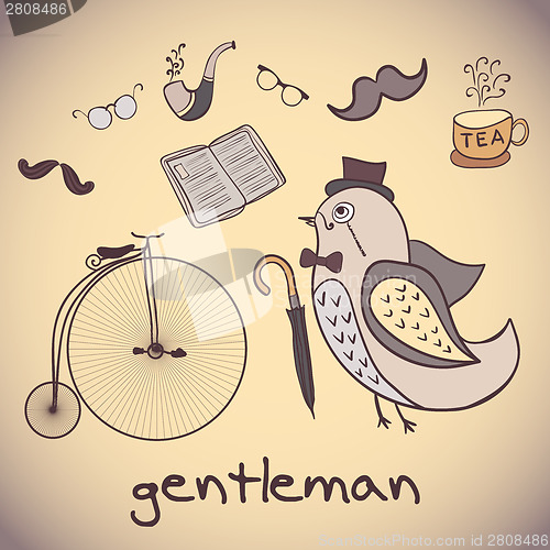 Image of illustration, bird gentleman. attributes dandy