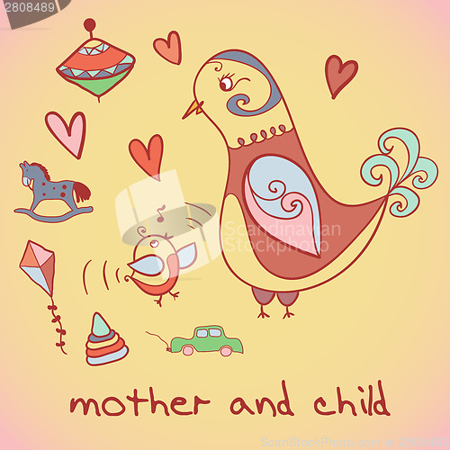 Image of illustration, mother and child. Birds.