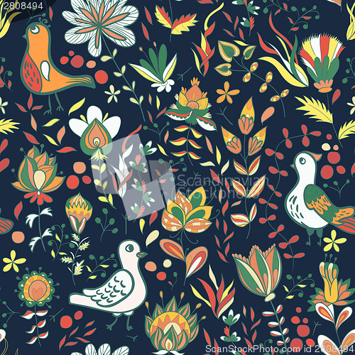 Image of Seamless floral pattern with birds and flowers