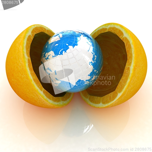 Image of Earth and orange fruit on white background. Creative conceptual 