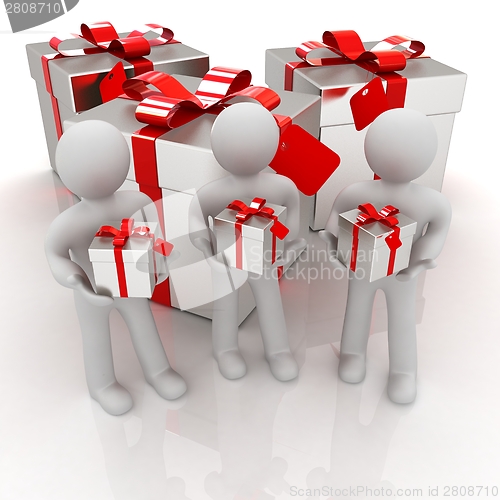 Image of 3d mans and gifts with red ribbon