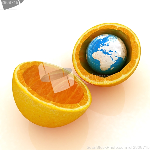 Image of Earth and orange fruit on white background. Creative conceptual 
