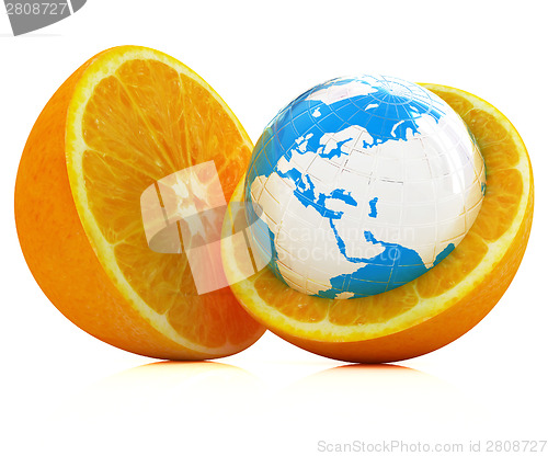 Image of Earth on orange fruit. Creative conceptual image. 
