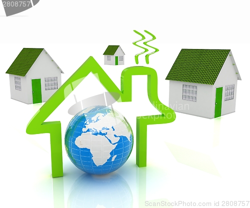 Image of 3d green house, earth and icon house on white background 