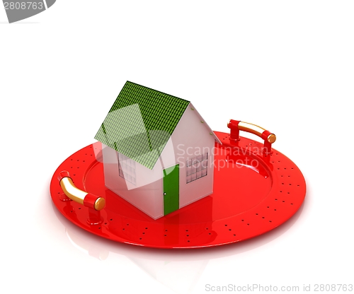 Image of house on restaurant cloche isolated on white background 