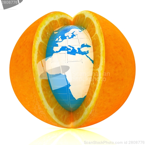 Image of Earth on orange fruit. Creative conceptual image. 