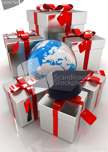 Image of graduation hat and gifts with earth