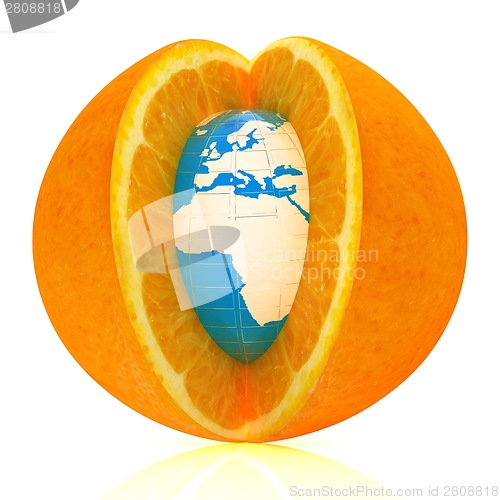Image of Earth on orange fruit. Creative conceptual image. 